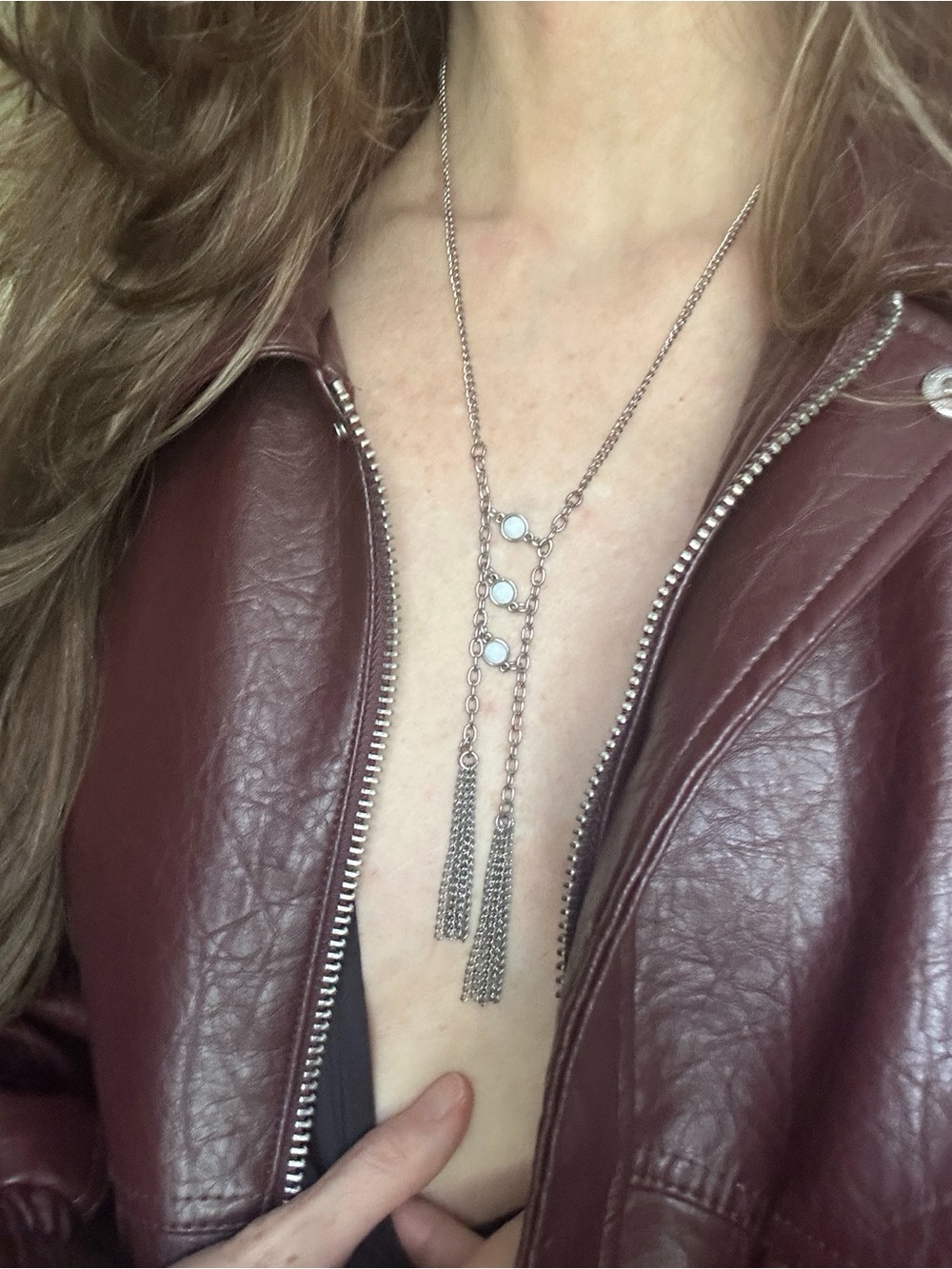 Silver-Tone White Stone Lariat Y Necklace with Chain Tassels